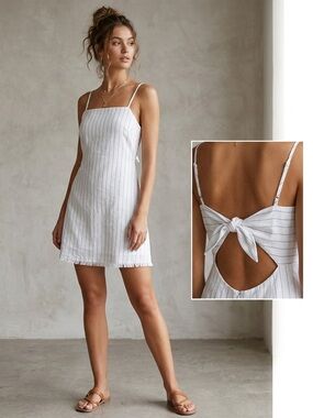 CAGE White Vertical Stripe Mini Dress Size M Tie Back Cutout Raw Hem Summer Chic